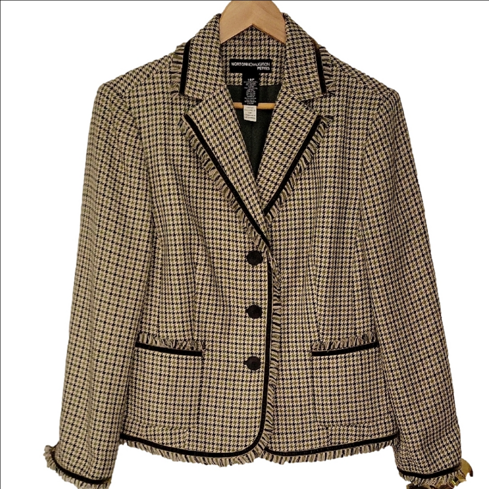 Norton Mcnaughton Houndstooth Fringe Blazer Velvet Trim Fitted Shoulder Pads 14P